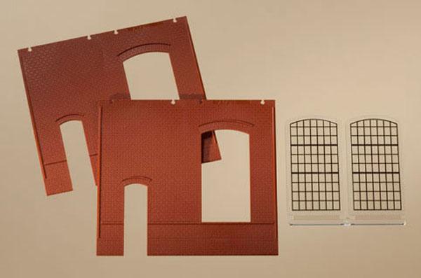 Brick walls with industrial windows and door openings red (2pc)<br /><a href='images/pictures/Auhagen/80502.jpg' target='_blank'>Full size image</a>